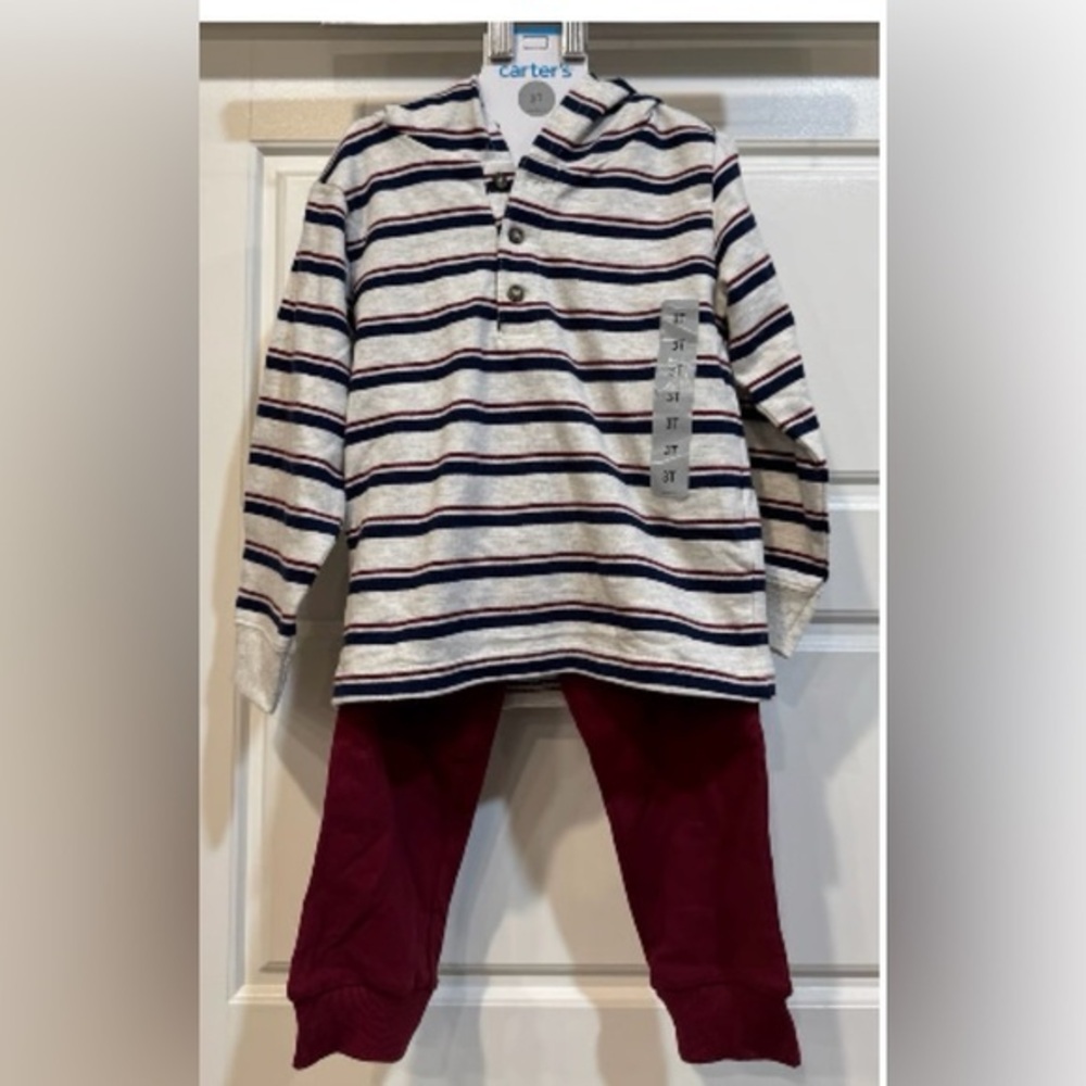 NWT Carter's Navy Striped Hooded Top and Maroon Pants Set size 3T